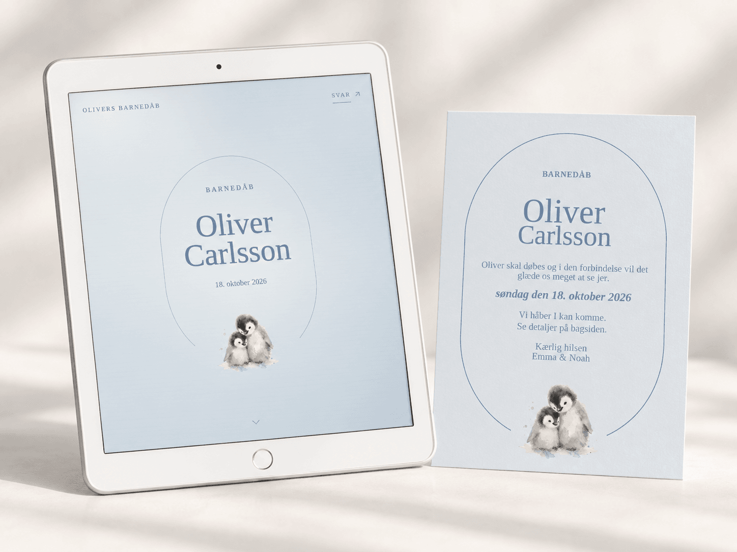 Pingvin kollektion med barnedåbsinvitation og pingvinillustration