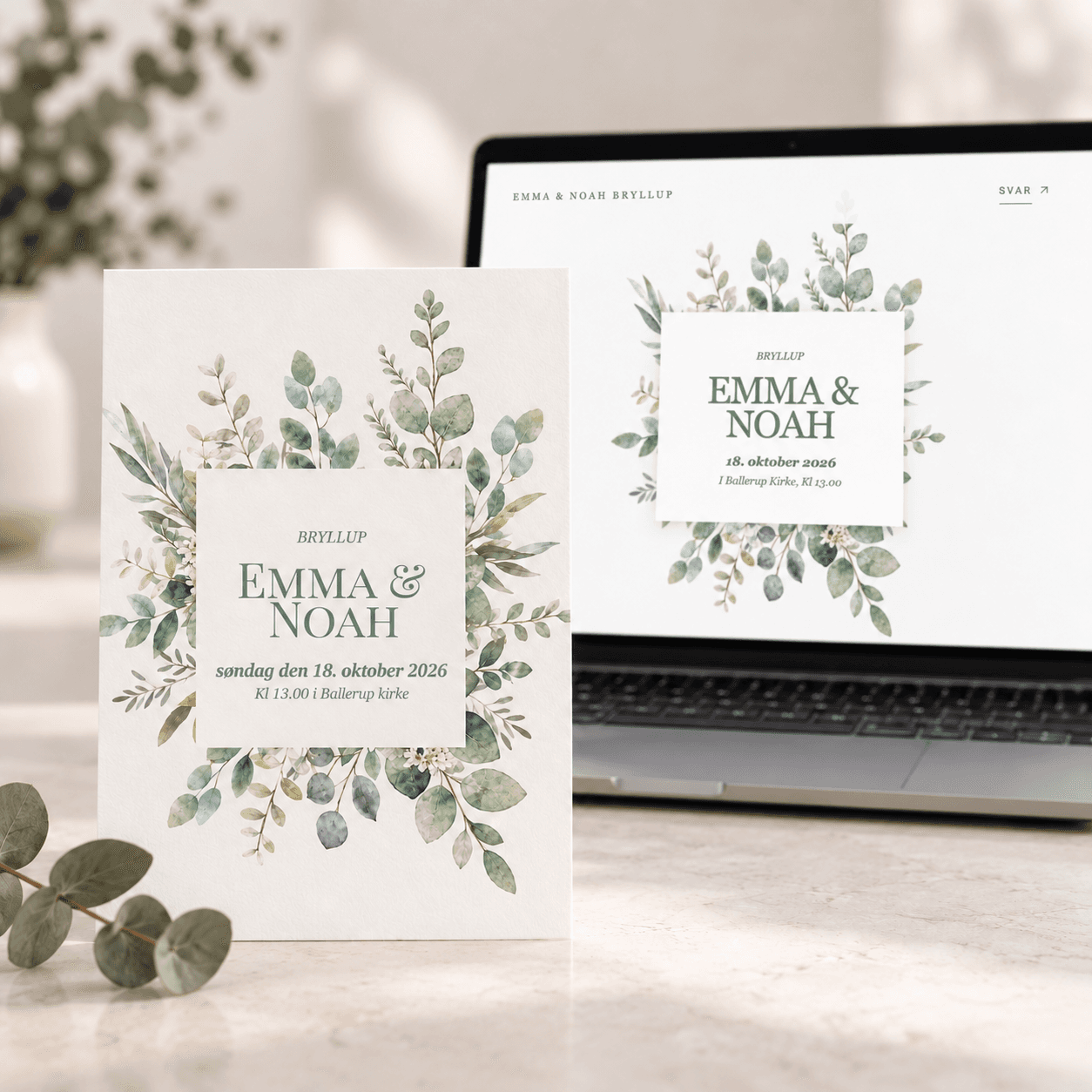 Matchende ReplySky invitation og eventhjemmeside med botanisk design