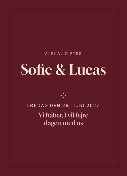 Forsiden af invitationen Bordeaux til Sofie & Lucas