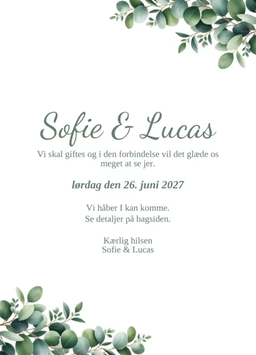 Forsiden af invitationen Eukalyptus til Sofie & Lucas