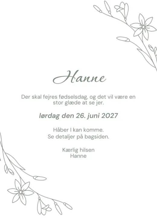 Forsiden af invitationen Blomster til Hanne