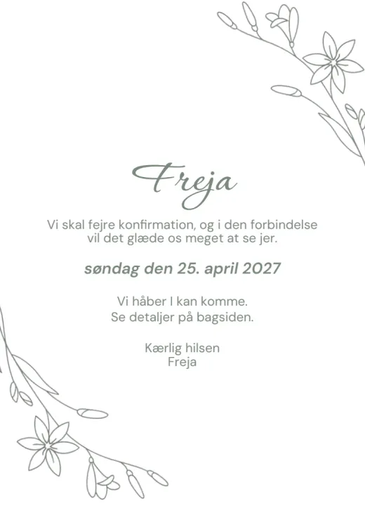 Forsiden af invitationen Blomster til Freja