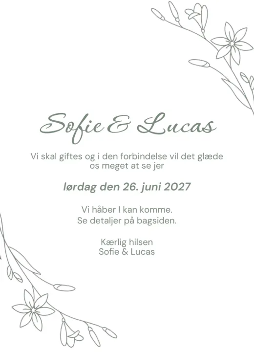 Forsiden af invitationen Blomster til Sofie & Lucas