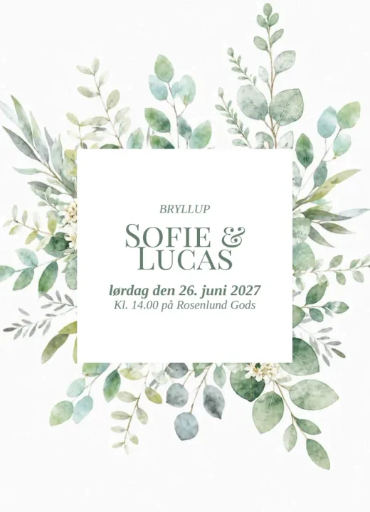 Forsiden af invitationen Grønne blade til Sofie & Lucas