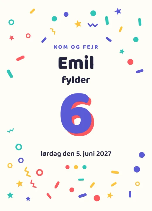 Forsiden af invitationen Konfetti til Hanne