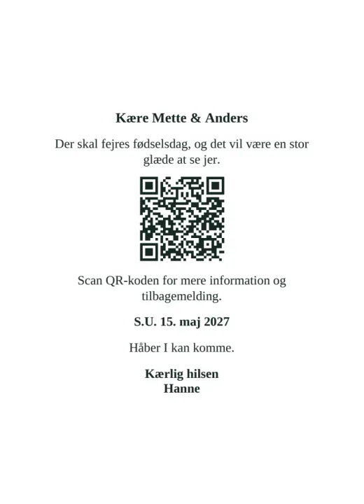Bagsiden: Kære Mette & Anders og husstandens egen QR-kode
