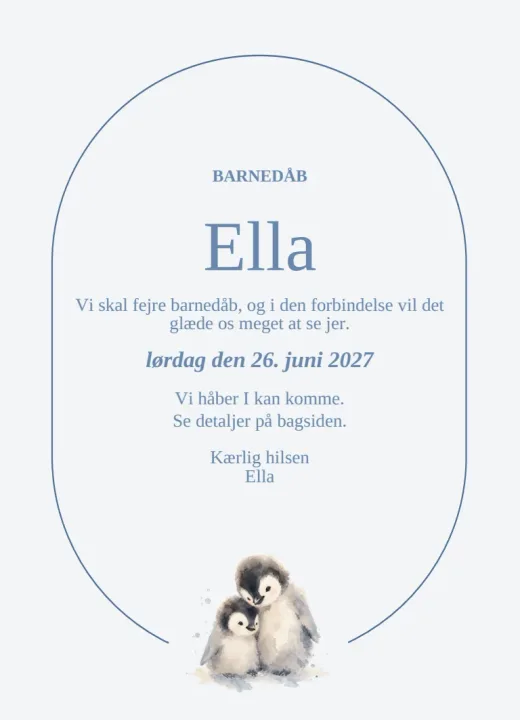 Forsiden af invitationen Pingvin til Ella